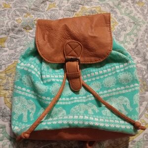Brown and Aqua Elephant Print Backpack